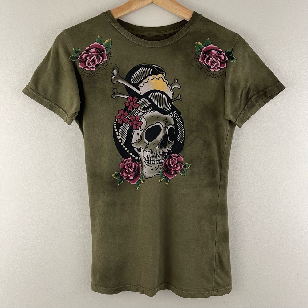 SINFUL Vintage Y2K Grunge Army Green Japanese Geisha Skull N Roses Graphic Tee